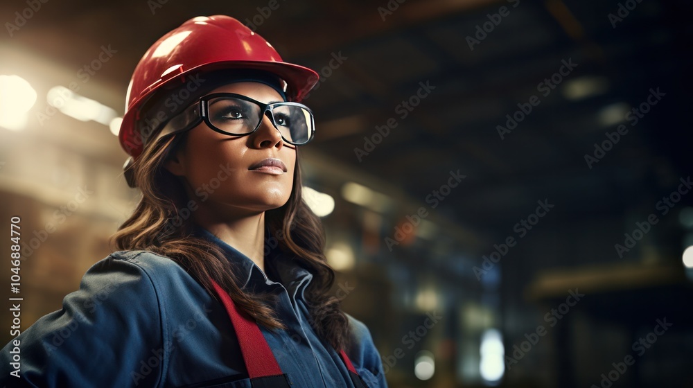a young female engineer wearing safety goggles and a hard hat, with a confident expression a young female engineer wearing safety goggles and a hard hat, with a confident expression