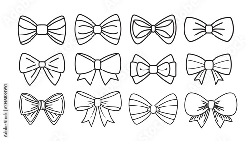 Line bows on ribbon. Collection of bows in hand drawn style. Tie. Knot. Gift bow. Vector illustration. Isolated.Doodle.