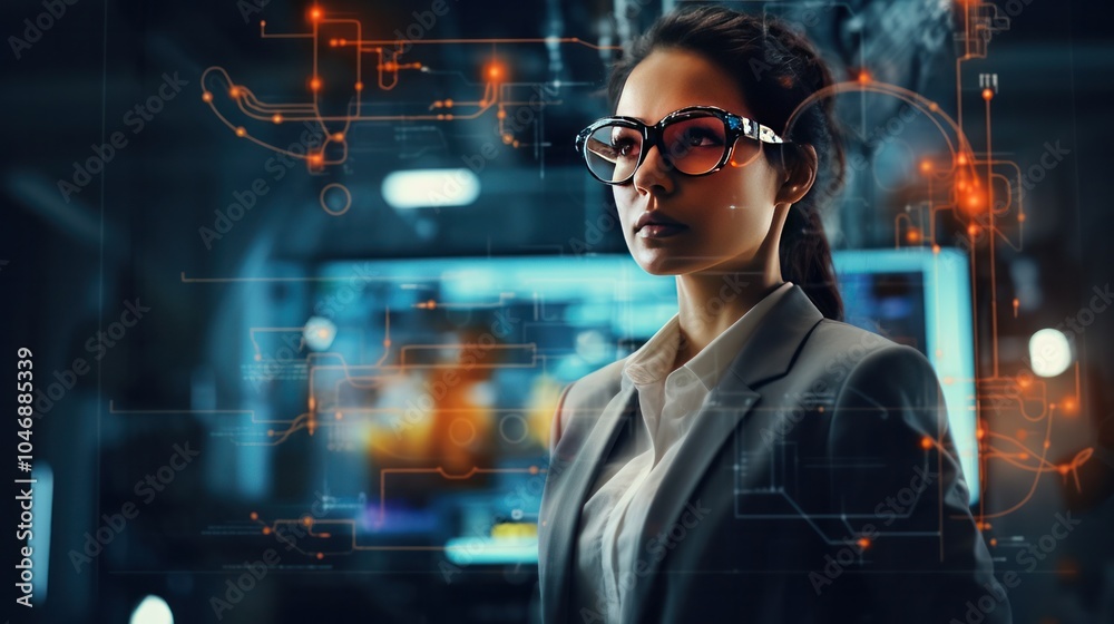 confident female engineer stands in a modern office environment, surrounded by technical blueprints and digital screens displaying complex designs