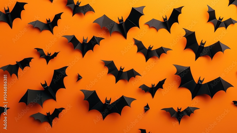 Black Paper Bats Flying on Orange Background Black Paper Bats Flying on Orange Background