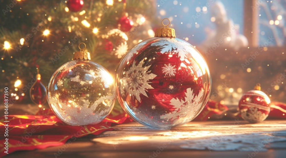 Christmas ornaments with snowflakes inside, red and white decorations on background, glowing lights, pine branches, golden light reflections, Octane rendering, Unreal Engine, bokeh effect Christmas ornaments with snowflakes inside, red and white decorations on background, glowing lights, pine branches, golden light reflections, Octane rendering, Unreal Engine, bokeh effect