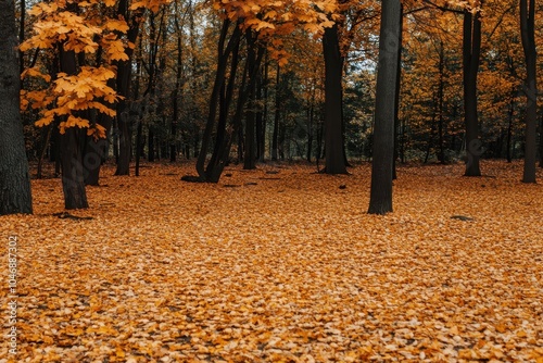 A view of a forest floor covered in fallen autumn leaves. photo