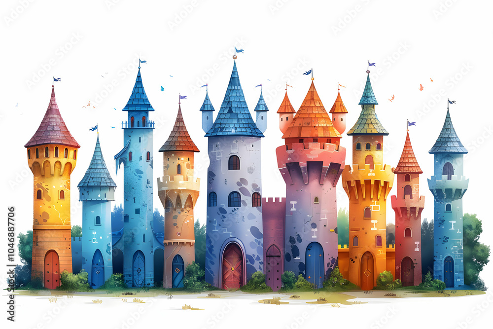 A row of colorful, fairytale castles with pointed roofs and towers, set against a white background. A row of colorful, fairytale castles with pointed roofs and towers, set against a white background.