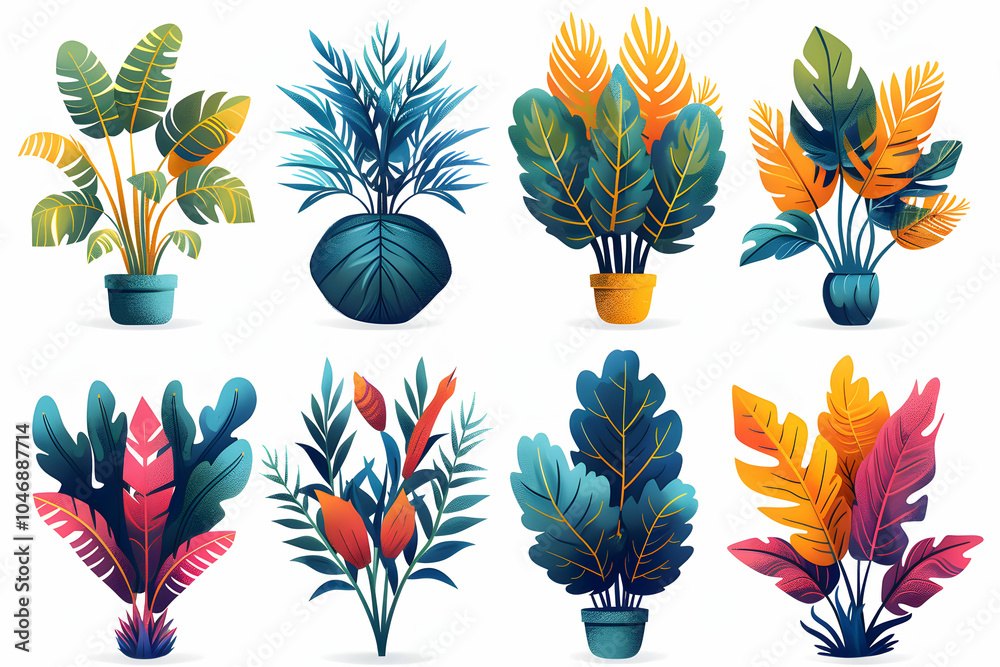 Set of colorful tropical plants with leaves, flowers, and pots isolated on white background. Set of colorful tropical plants with leaves, flowers, and pots isolated on white background.
