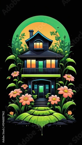 A black house with yellow windows and a green roof is surrounded by lush greenery and pink flowers photo