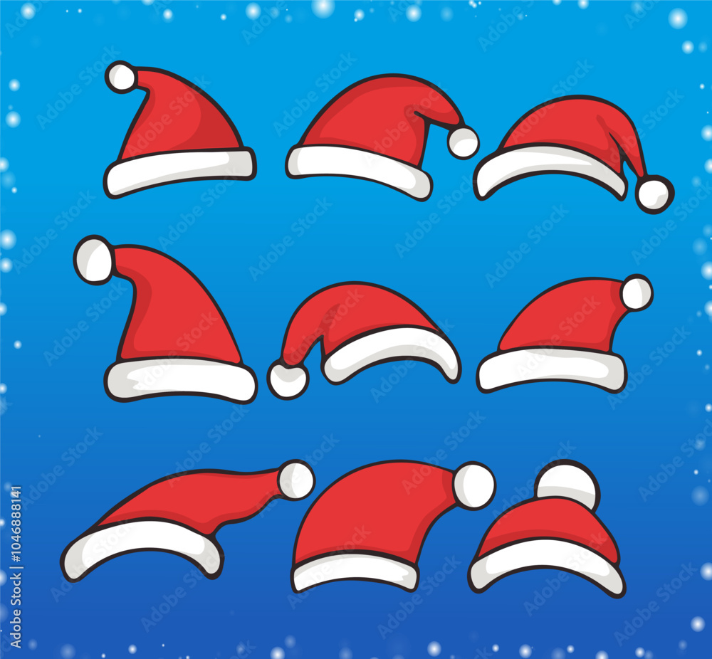 Christmas santa claus hats. Collection of festive red caps for congratulations, invitation cards, web, printing, banner design in a flat style. Christmas stickers Christmas santa claus hats. Collection of festive red caps for congratulations, invitation cards, web, printing, banner design in a flat style. Christmas stickers