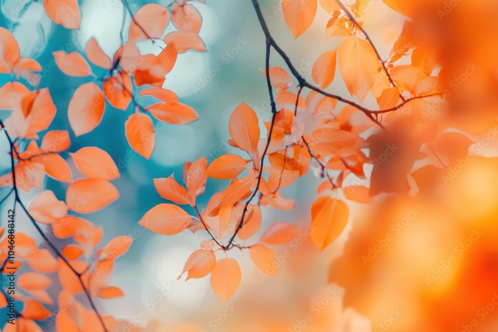 A close-up shot of orange leaves on a branch with a soft, blue and green background. A close-up shot of orange leaves on a branch with a soft, blue and green background.