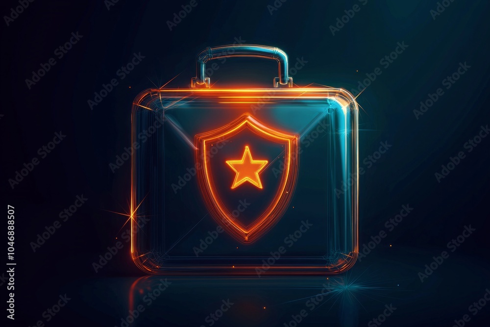 Fototapeta premium An abstract briefcase with a glowing shield and star icon above, symbolizing award-winning security. 