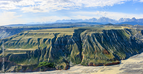 Spectacular Anjihai Grand Canyon natural landscape in Xinjiang. Famous earthquake fault zone scenery in China. mountain faults and canyon with rivers. photo