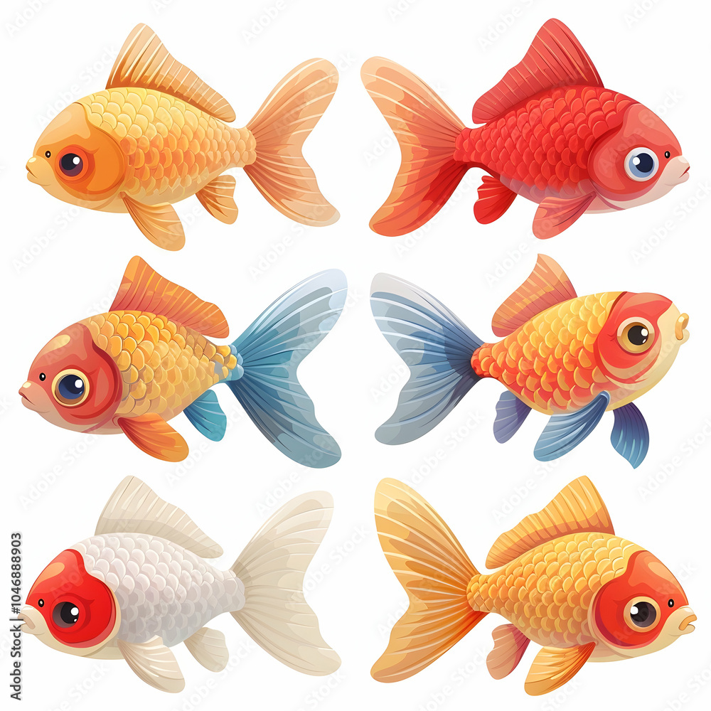 Fototapeta premium Six cartoon goldfish in different colors and poses, isolated on white background.