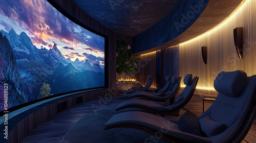 a modern home theater room with a curved screen photo