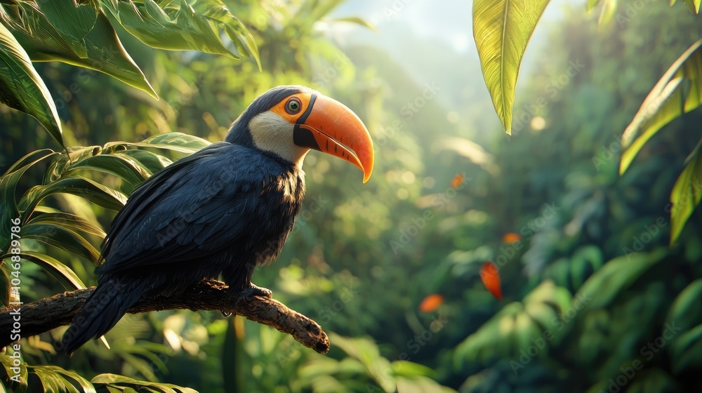 Naklejka premium A Toucan Perched on a Branch in a Lush Tropical Forest
