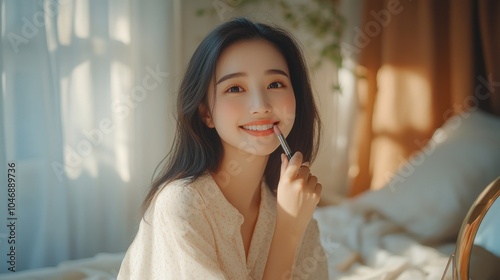 Beautiful smiling Asian woman holding blusher face, skin care and cosmetics concept, AI generated image photo