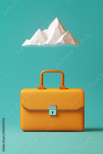 An angular briefcase with a 3D mountain icon hovering above, symbolizing reaching the peak of success.  photo