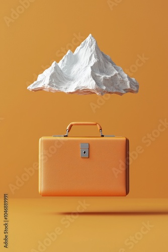 An angular briefcase with a 3D mountain icon hovering above, symbolizing reaching the peak of success.  photo