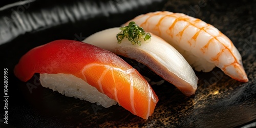 Delicious sushi selection with tuna, salmon, and white fish on a dark plate. photo