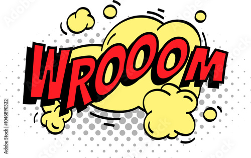 Vibrant yellow speech bubble with bold red wroom writing and dynamic motion lines. Evoking speed and movement in classic comic book style. Perfect for conveying messages or adding humor to any project