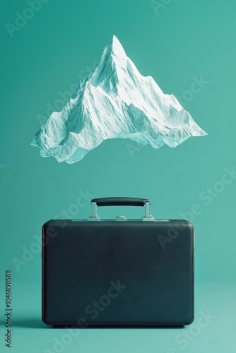 An angular briefcase with a 3D mountain icon hovering above, symbolizing reaching the peak of success.  photo