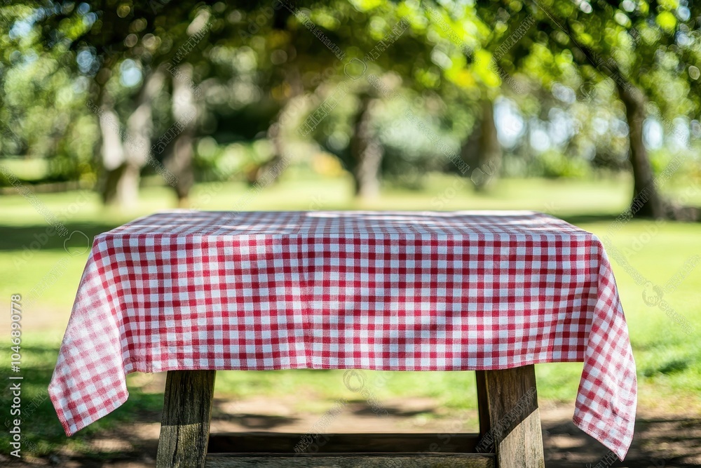 A wooden table with red and white checkered tablecloth in the middle of a green grassy lawn under trees. A wooden table with red and white checkered tablecloth in the middle of a green grassy lawn under trees.