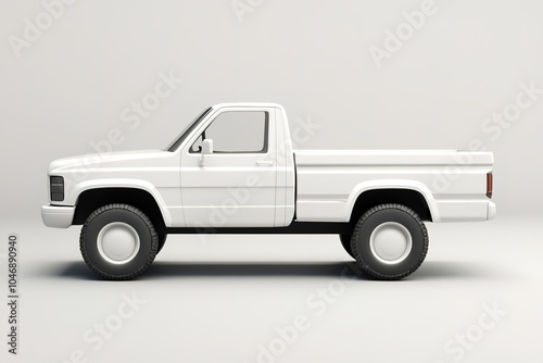 Side view of white pickup truck on plain background