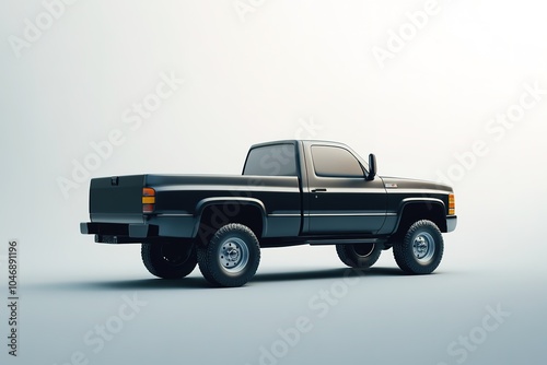 Side view of black pickup truck on light background
