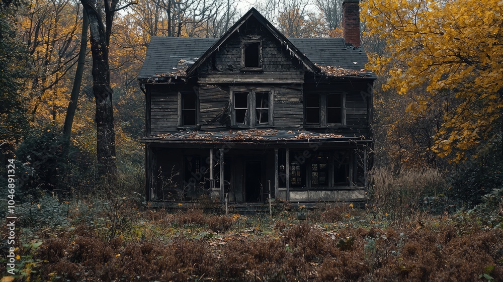 A weathered and dilapidated house nestled amidst autumn foliage. A weathered and dilapidated house nestled amidst autumn foliage.