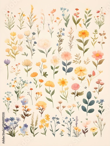 A watercolor painting in light pastel colors featuring various plants in a simplified pattern