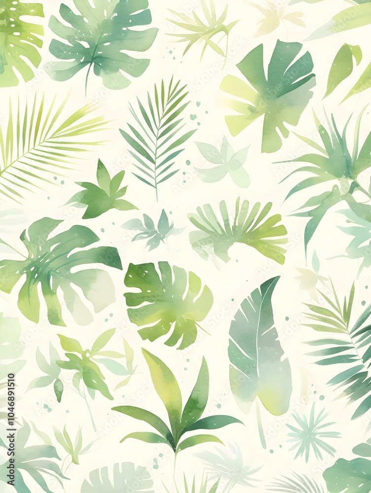 Fototapeta premium A watercolor painting in light pastel colors featuring various plants in a simplified pattern