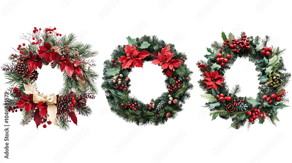 3 different holiday wreaths isolated on a white background