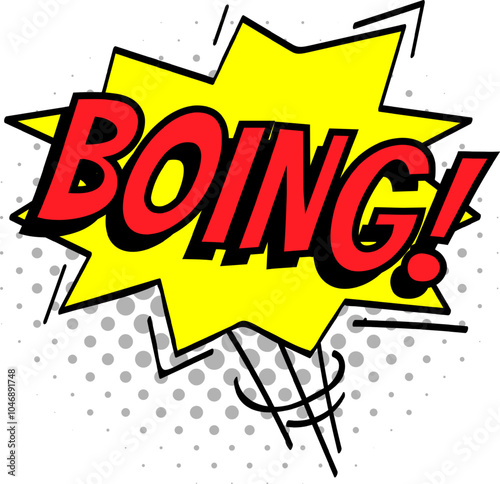 Vibrant cartoon boing sound effect bursting from a yellow star shape against a dotted background, conveying a sense of playful surprise and energetic excitement