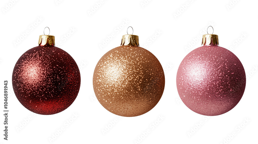 3 glittery Christmas baubles isolated on a white background 3 glittery Christmas baubles isolated on a white background