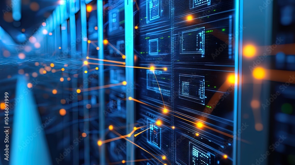 Data Center Servers with Glowing Connections Data Center Servers with Glowing Connections