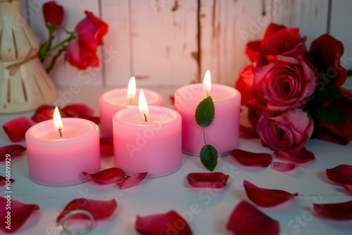 Romantic pink candles with rose petals in a cozy setting.generative AI 