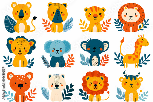 A set of 12 cute cartoon animals, including a lion, giraffe, elephant, bear and more.