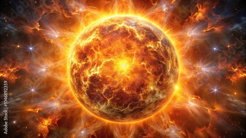 A close-up of a star's surface, with intense heat and energy emanating from it, black hole, star, fiery core, celestial sphere