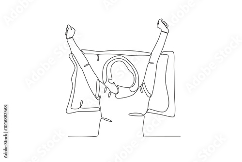 Single one line drawing young Happy woman lying with pillow. Continuous line draw design graphic vector illustration
