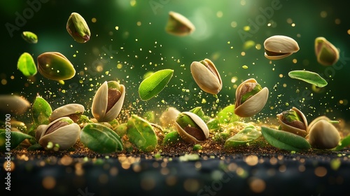 Flying pistachios with green leaves on black background. 3d illustration