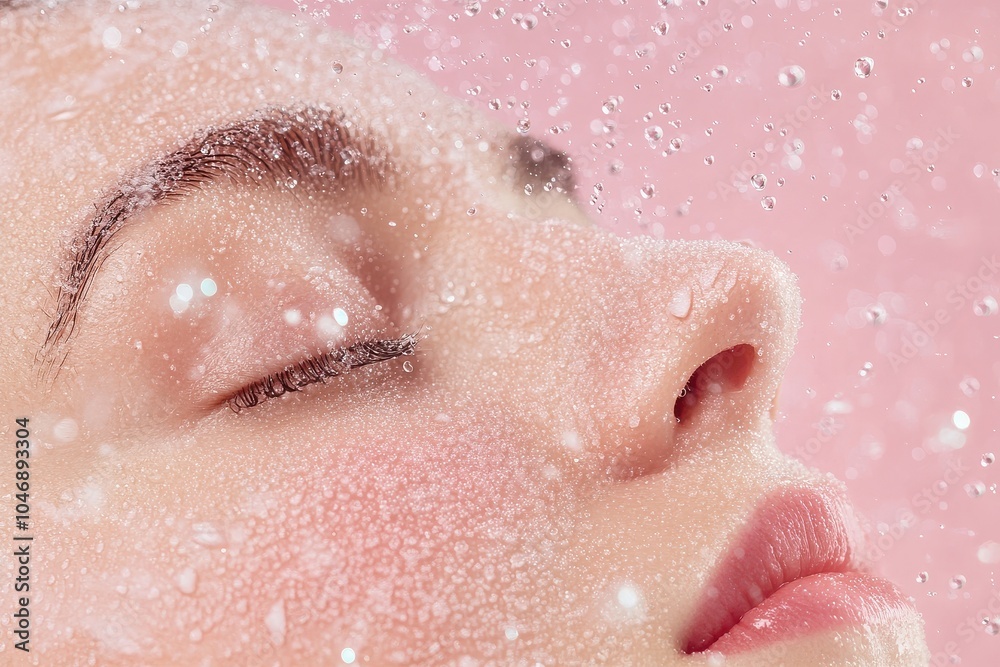 Fototapeta premium Refreshing skincare: profile of a woman's face with water droplets on a pink background