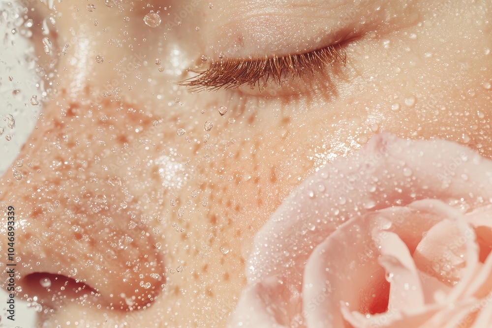 Fototapeta premium Close-up of freckled face with water droplets and pink rose petals