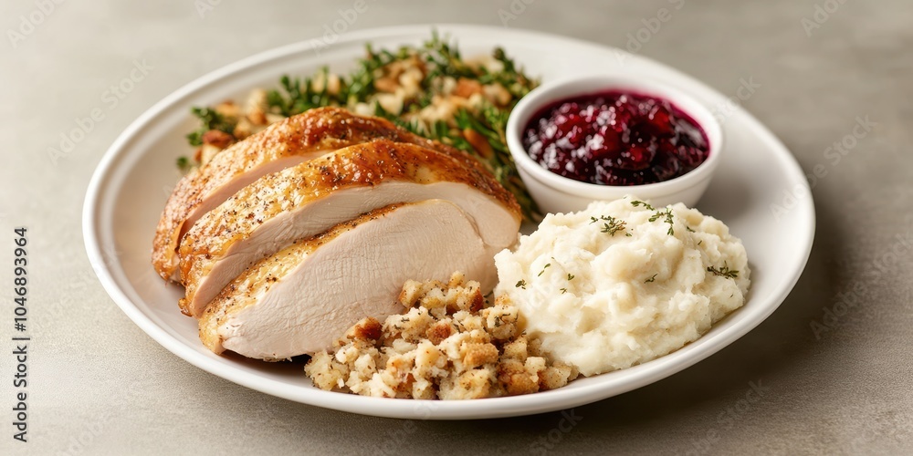 Roasted chicken with stuffing, mashed potatoes, and cranberry sauce on a plate Roasted chicken with stuffing, mashed potatoes, and cranberry sauce on a plate