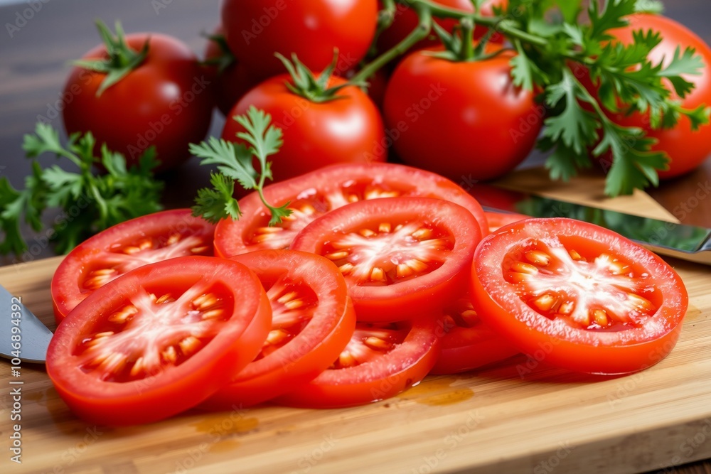 Sliced fresh tomatoes on a wooden cutting board.generative AI
Sliced fresh tomatoes on a wooden cutting board.generative AI