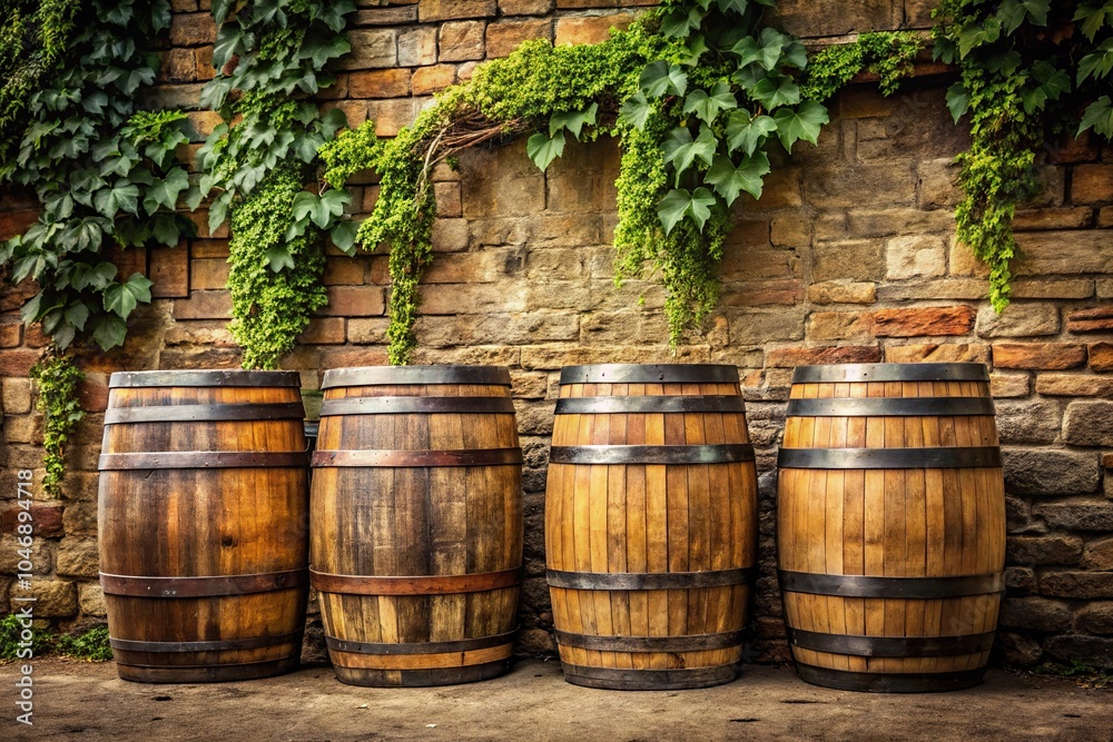 Aged wooden barrels stacked in a row against a rustic stone wall, with vines crawling up the brick facade, barrels, vintage barrels, stone walls, wooden barrels Aged wooden barrels stacked in a row against a rustic stone wall, with vines crawling up the brick facade, barrels, vintage barrels, stone walls, wooden barrels