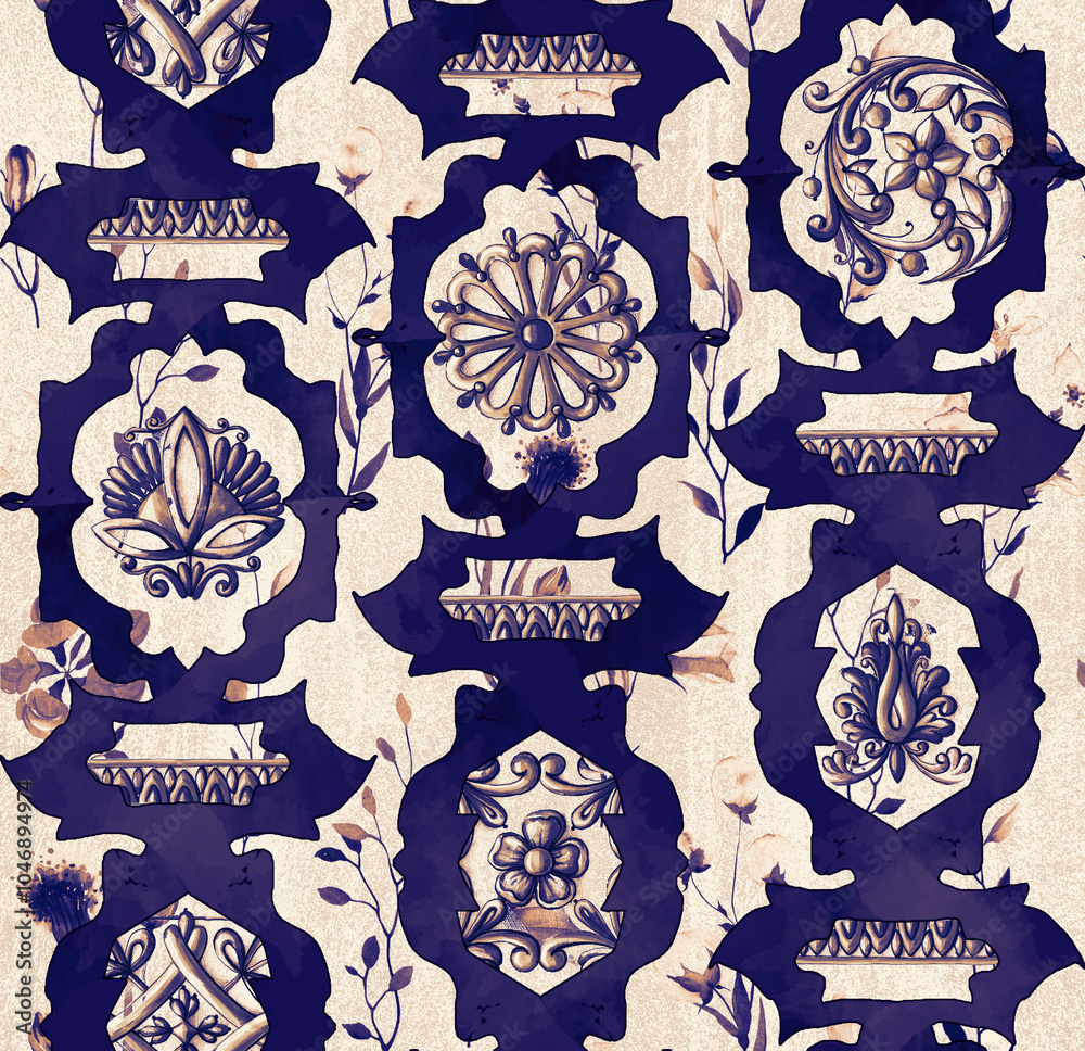 Fototapeta premium purple bohemian and vintage flower and leaf pattern, seamless repeating