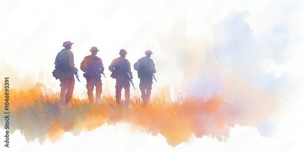 Fototapeta premium Silhouette of soldiers standing together, watercolor effect, abstract background.