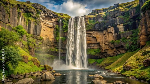 A khaki landscape with a dripping waterfall cascading down a rocky cliffside, natural scenery, rock formation, khaki landscape, earth tones