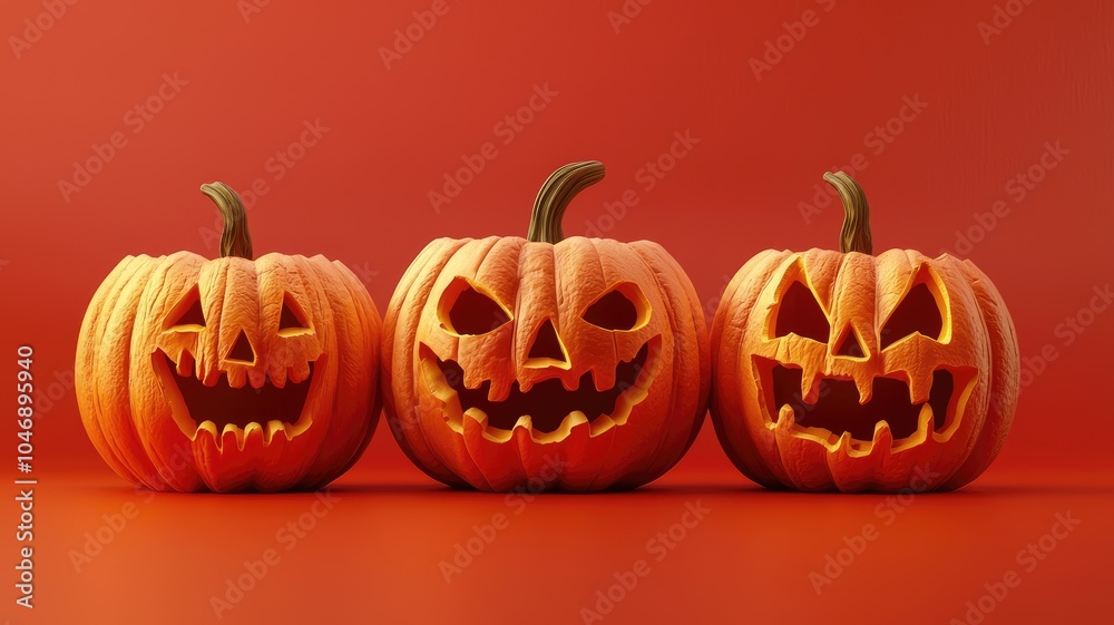 Three Carved Pumpkins with Glowing Faces on Red Background Three Carved Pumpkins with Glowing Faces on Red Background