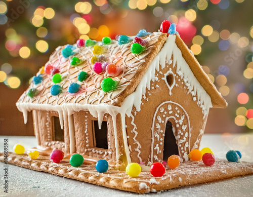 Gingerbread house decorated with lollies for christmas photo