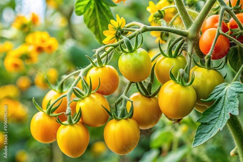 A mature tomato plant with large, yellow flowers and several clusters of tomatoes hanging from its branches, growth, flower, bloom