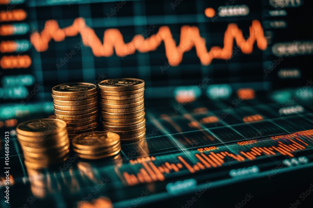 Stacks of gold coins on a computer screen with stock market data displayed. Stacks of gold coins on a computer screen with stock market data displayed.