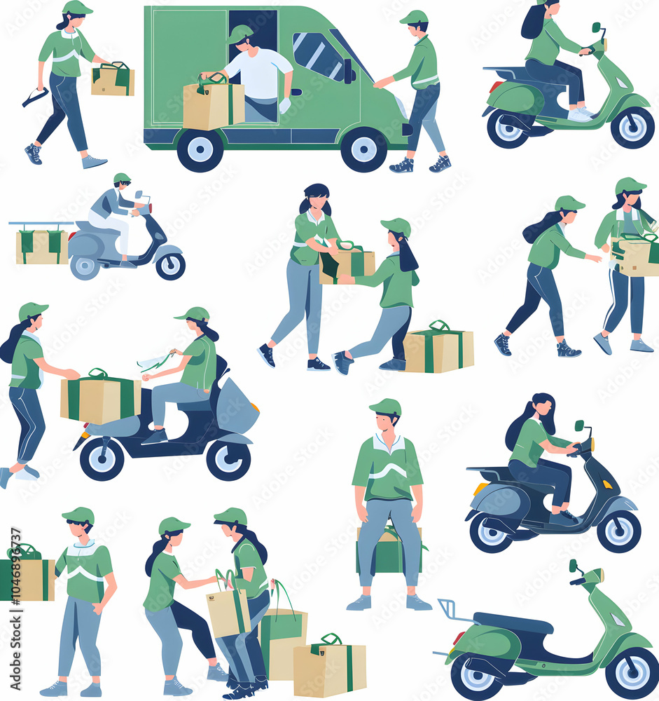 Fototapeta premium A set of illustrations depicting various delivery workers in different poses and situations.